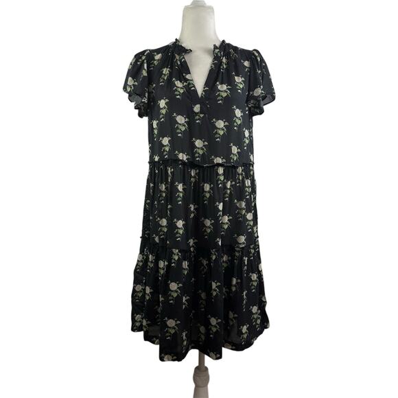 Anthropologie Black Daisy Floral Dress Small Sheer Mini V Neck Ruffle Sleeve - Picture 2 of 14